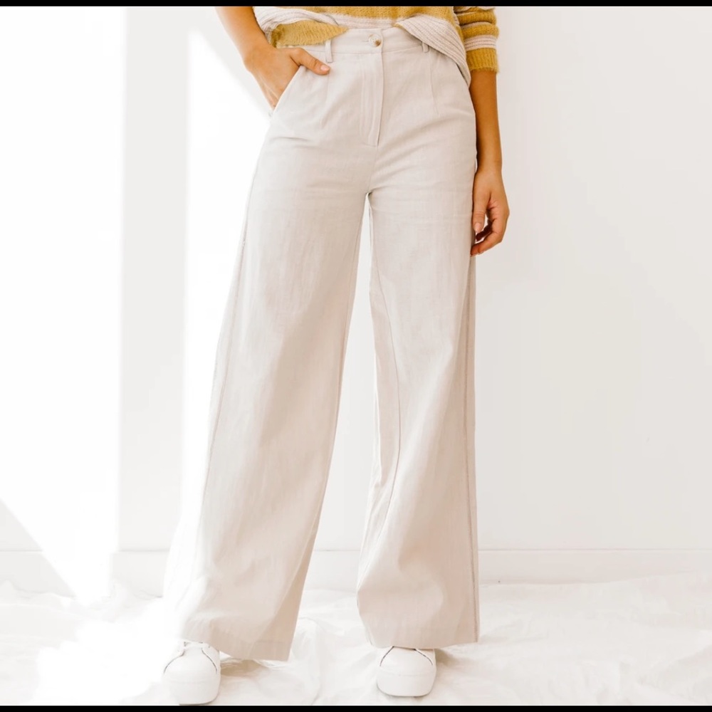 Beige linen wide leg pants